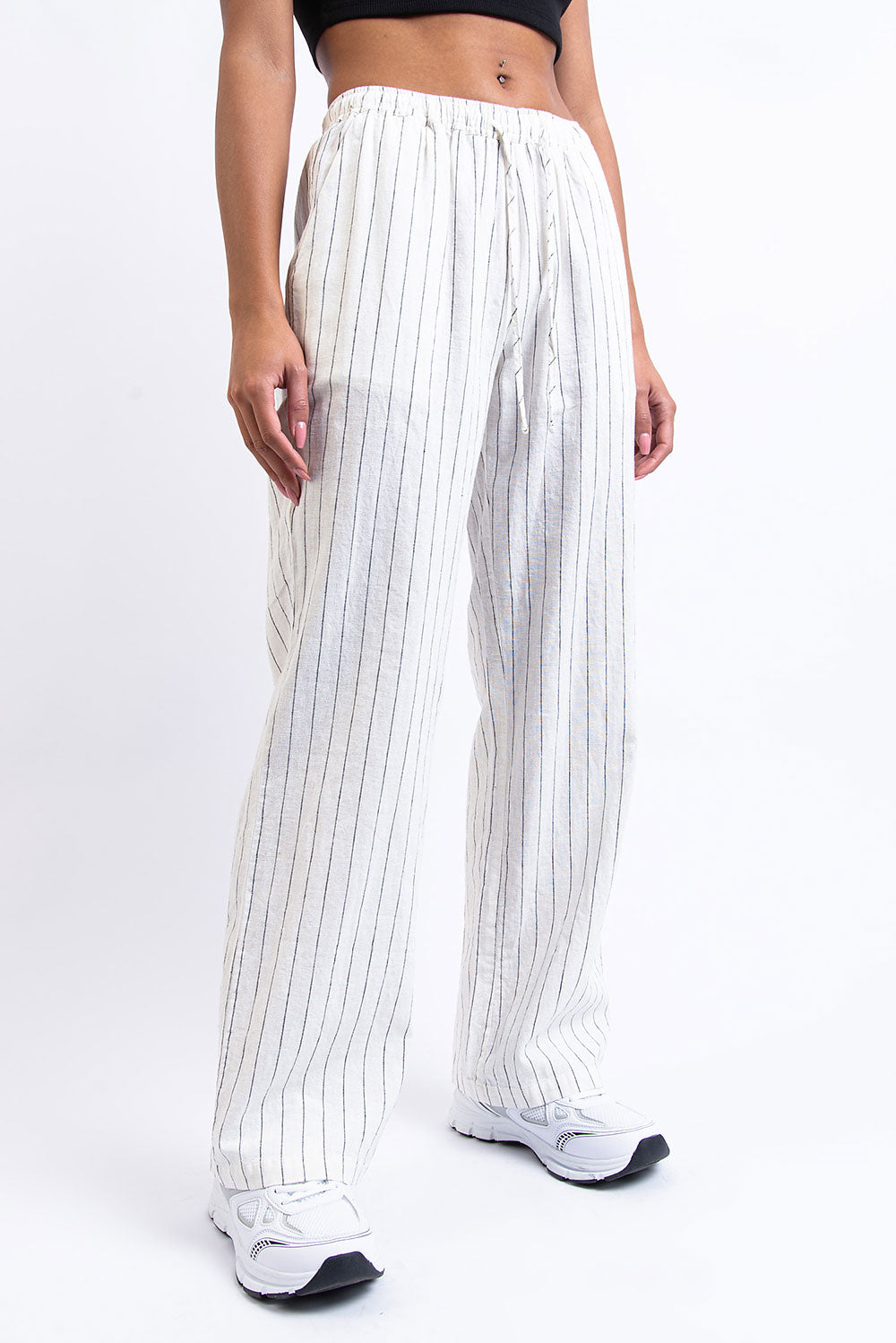 Mila 01Mid Straight Linen Pants - White Striped